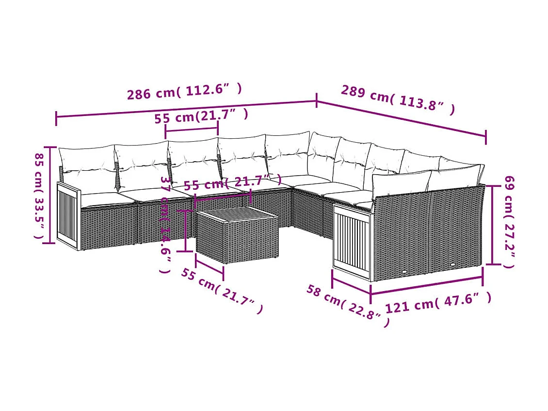 11-delige Loungeset met kussens poly rattan zwart