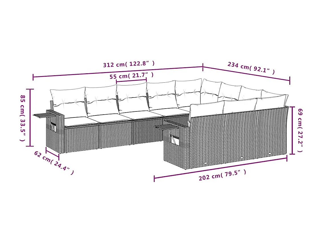 Set Divani da Giardino 10pz con Cuscini in Polyrattan Nero