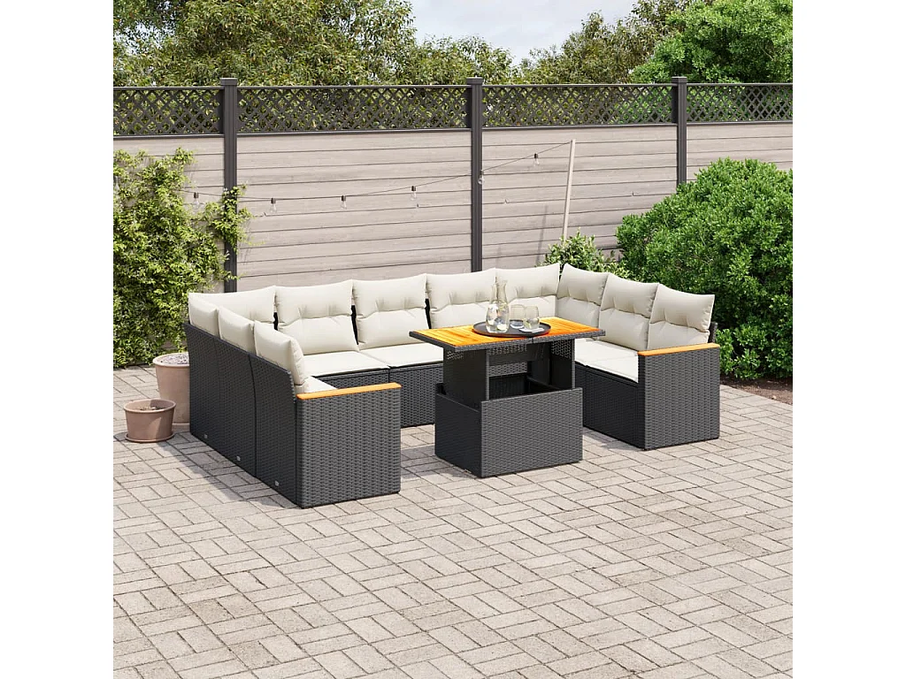 Salon de jardin 11 pcs avec coussins noir résine tressée