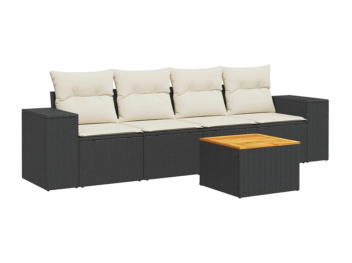 5-delige Loungeset met kussens poly rattan zwart