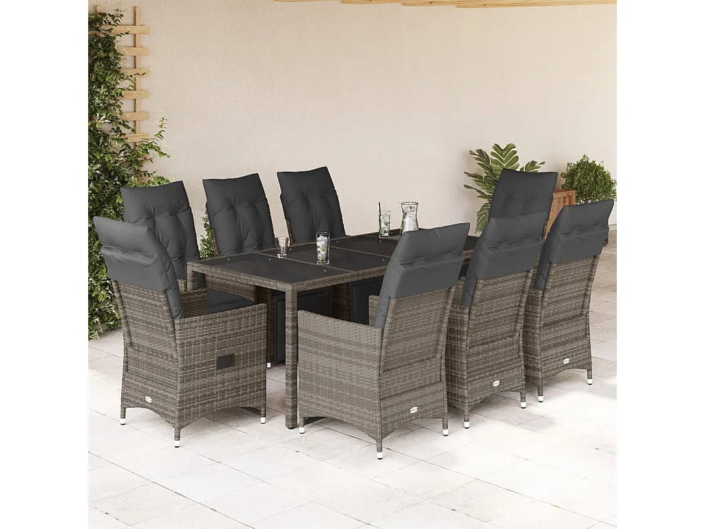 9-delige Bistroset met kussens poly rattan grijs