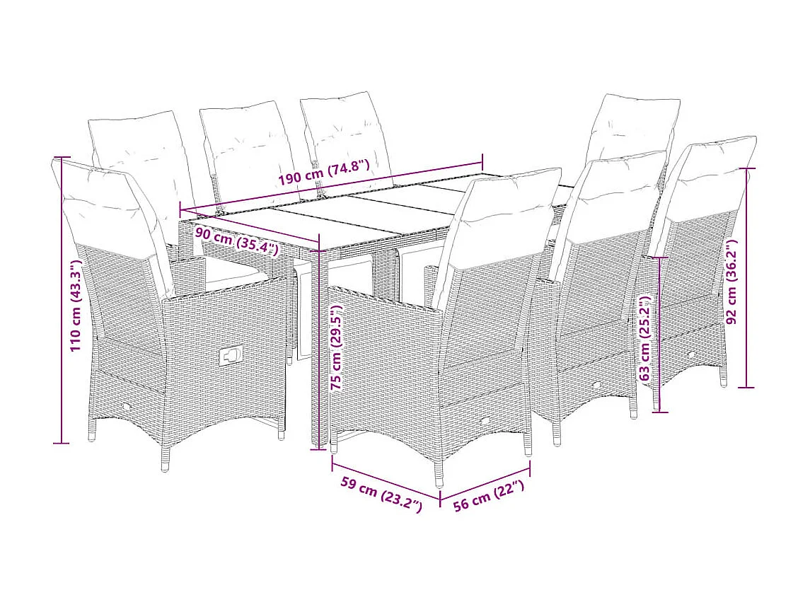 9-delige Bistroset met kussens poly rattan grijs
