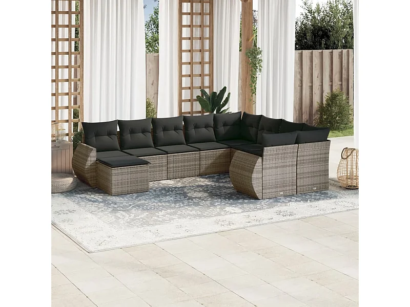 Salon de jardin avec coussins 10 pcs gris résine tressée