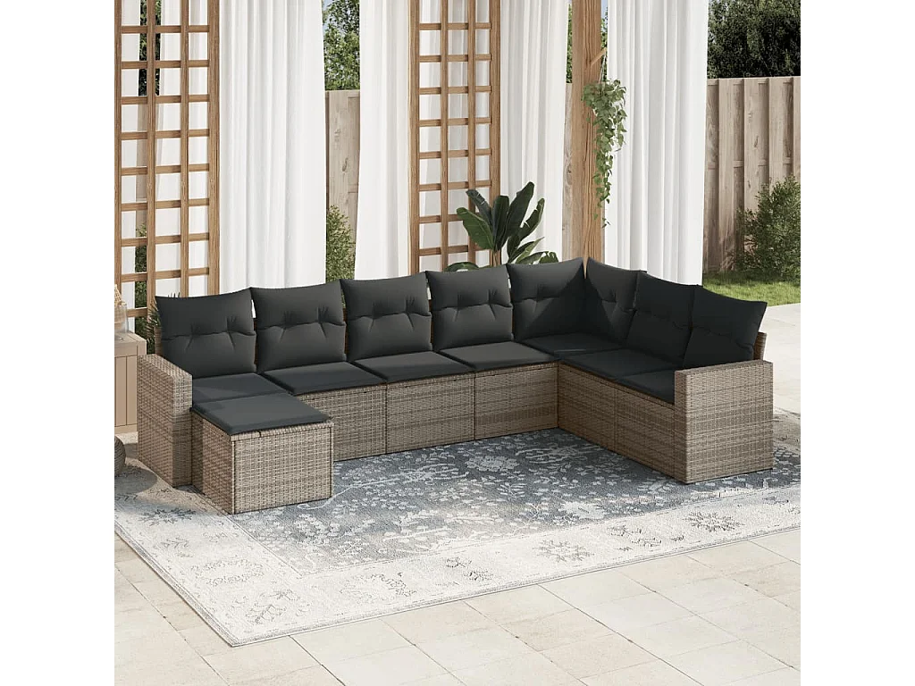 Set Divano da Giardino 8 pz con Cuscini Grigio in Polyrattan
