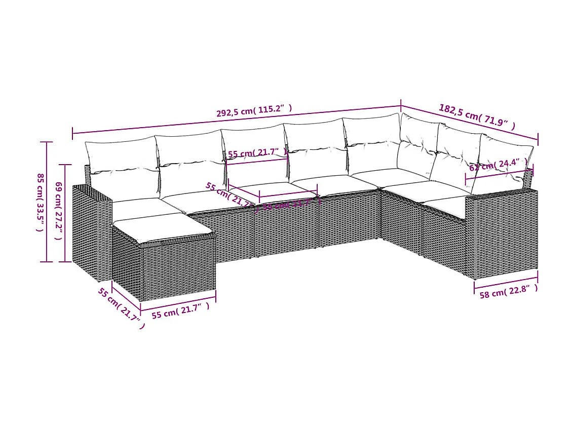 Set Divano da Giardino 8 pz con Cuscini Grigio in Polyrattan