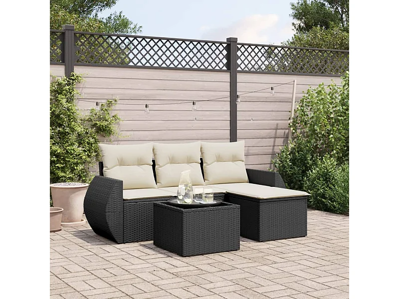 5-delige Loungeset met kussens poly rattan zwart