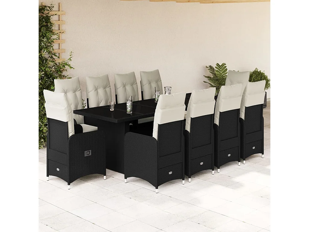 Set da Bistrò da Giardino 11 pz con Cuscini Nero in Polyrattan