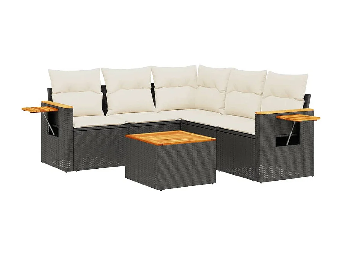 Salon de jardin 6 pcs avec coussins noir résine tressée