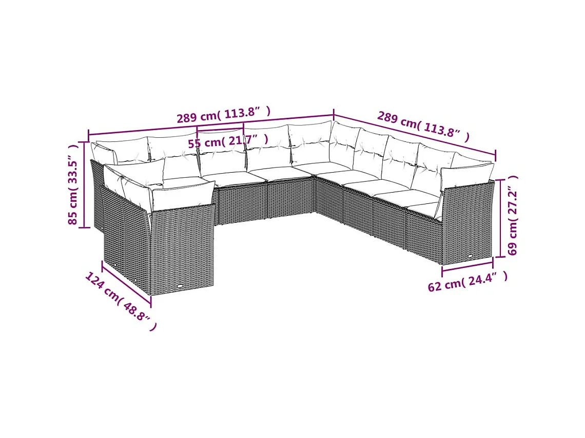 11-tlg. Garten-Sofagarnitur mit Kissen Grau Poly Rattan