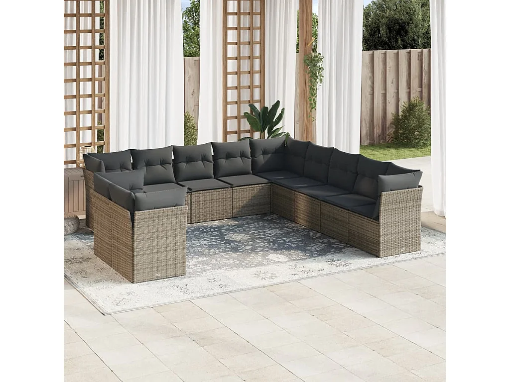 11-delige Loungeset met kussens poly rattan grijs