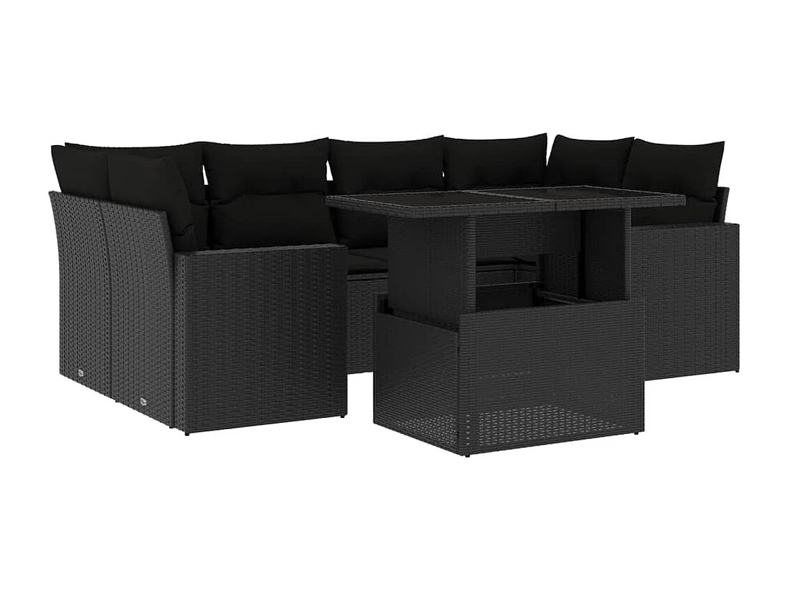 Salon de jardin 7 pcs avec coussins noir résine tressée
