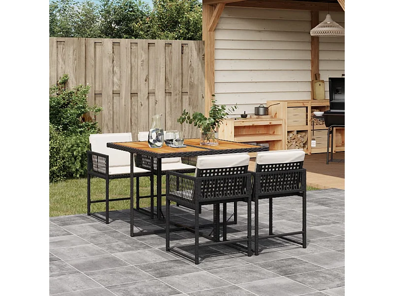 Set da Pranzo da Giardino 5 pz Nero con Cuscini in Polyrattan