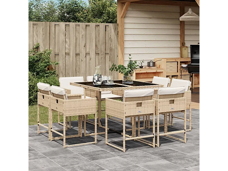 Set da Pranzo da Giardino 9 pz con Cuscini Beige in Polyrattan