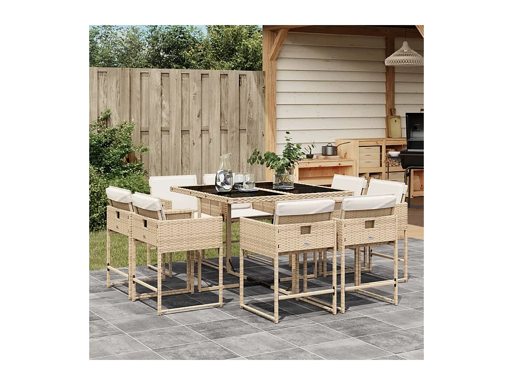 Set da Pranzo da Giardino 9 pz con Cuscini Beige in Polyrattan