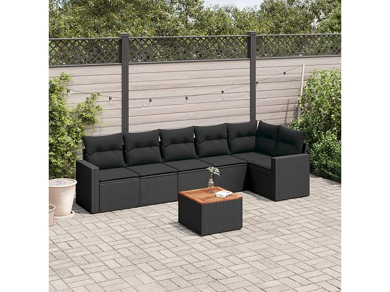 Salon de jardin 7 pcs avec coussins noir résine tressée