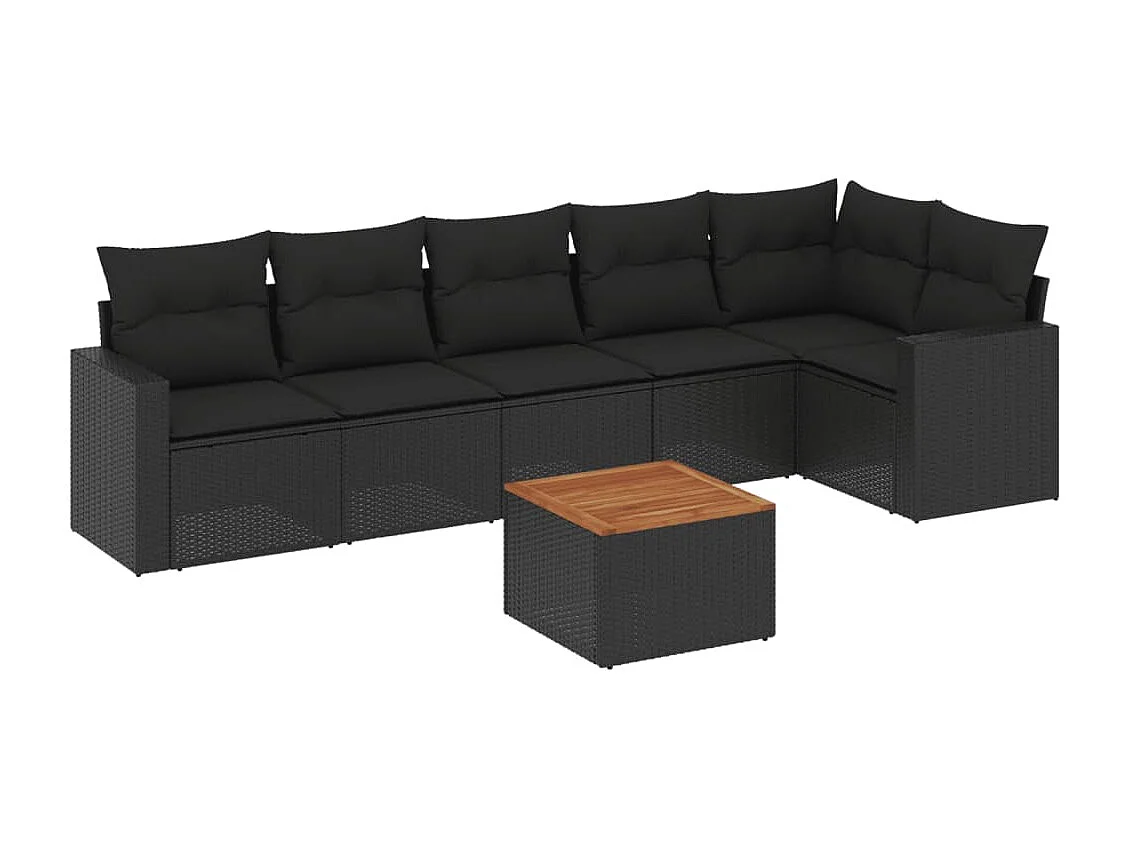 Salon de jardin 7 pcs avec coussins noir résine tressée