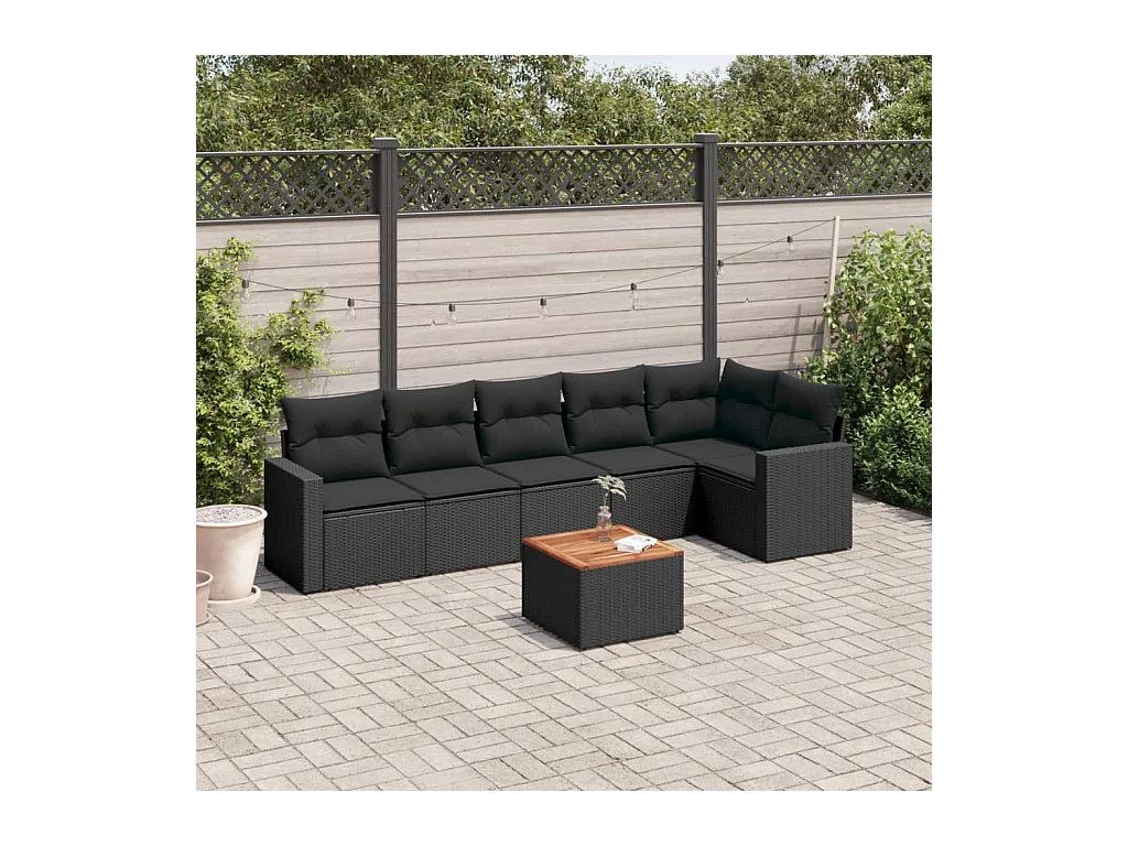 7-delige Loungeset met kussens poly rattan zwart