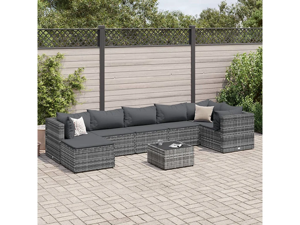 8 pcs conjunto lounge de jardim c/ almofadões vime PE cinzento