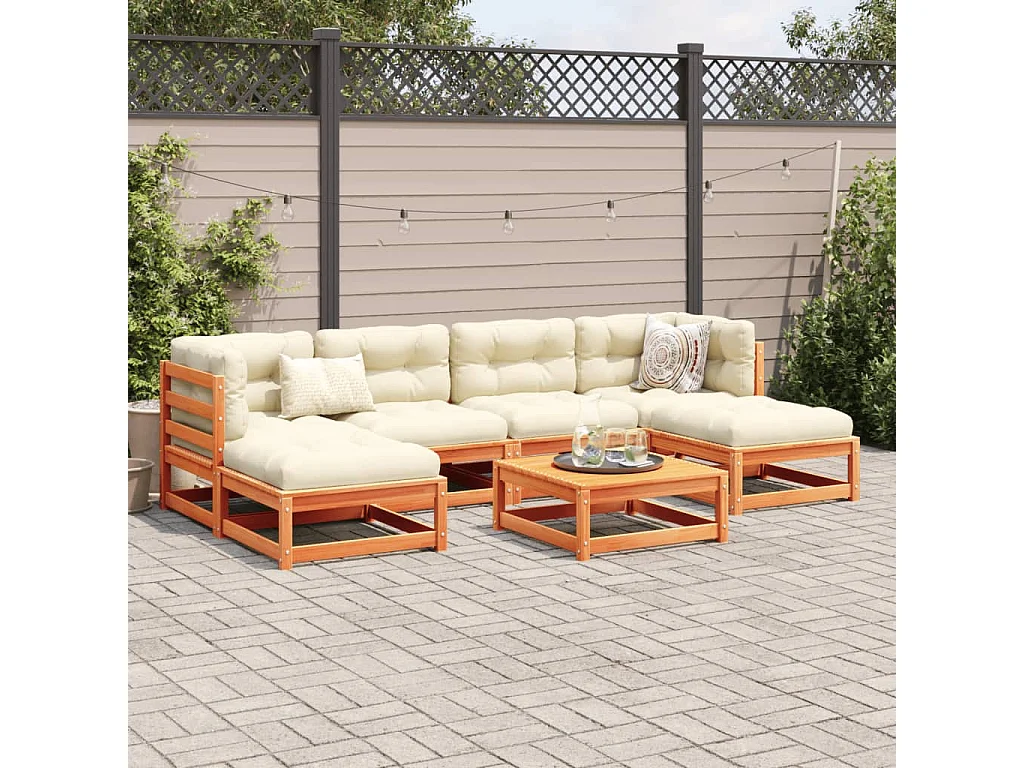 Salon de jardin 7 pcs avec coussins cire marron bois pin massif
