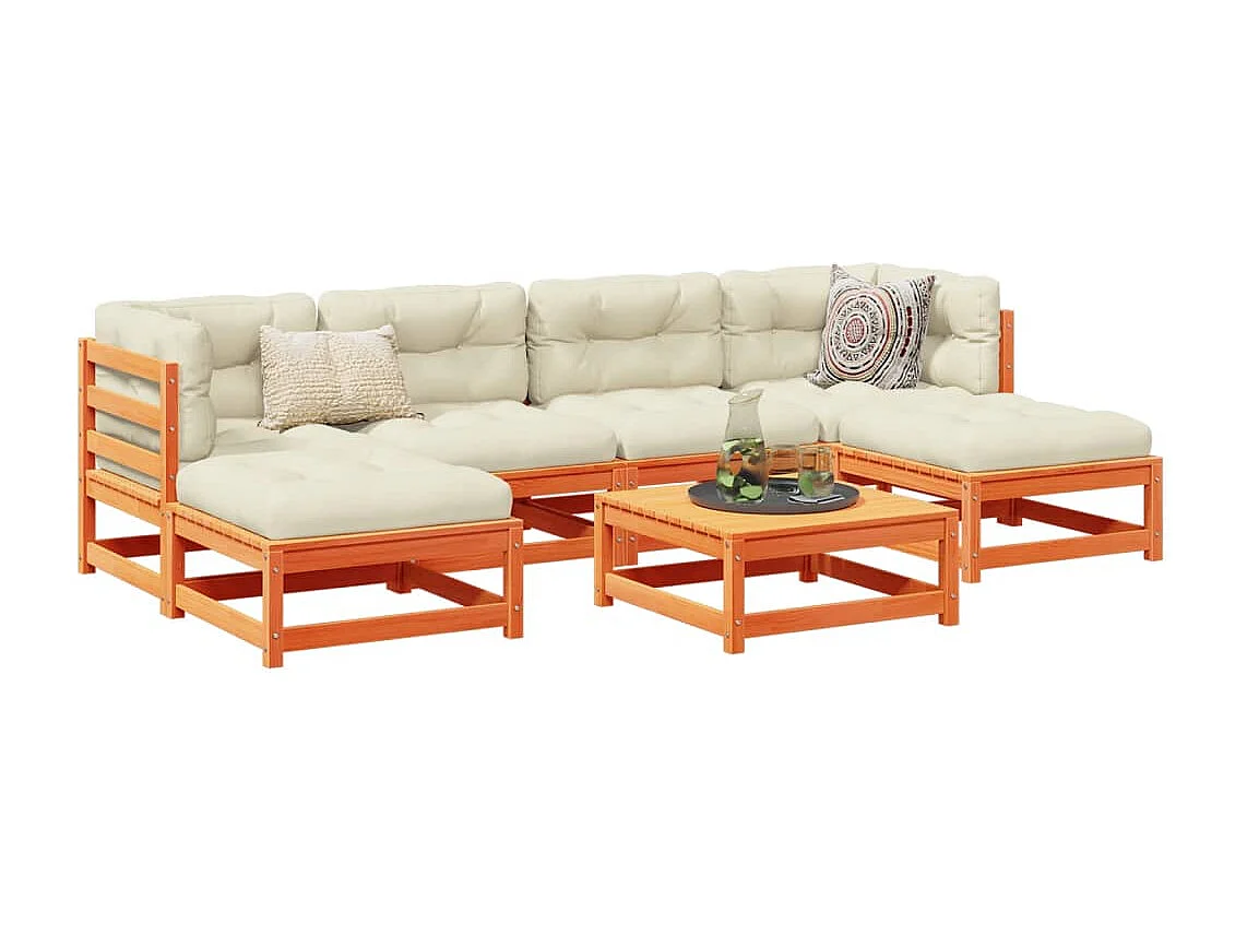 Set Divani Giardino 7 pz con Cuscini Marrone Cera Massello Pino