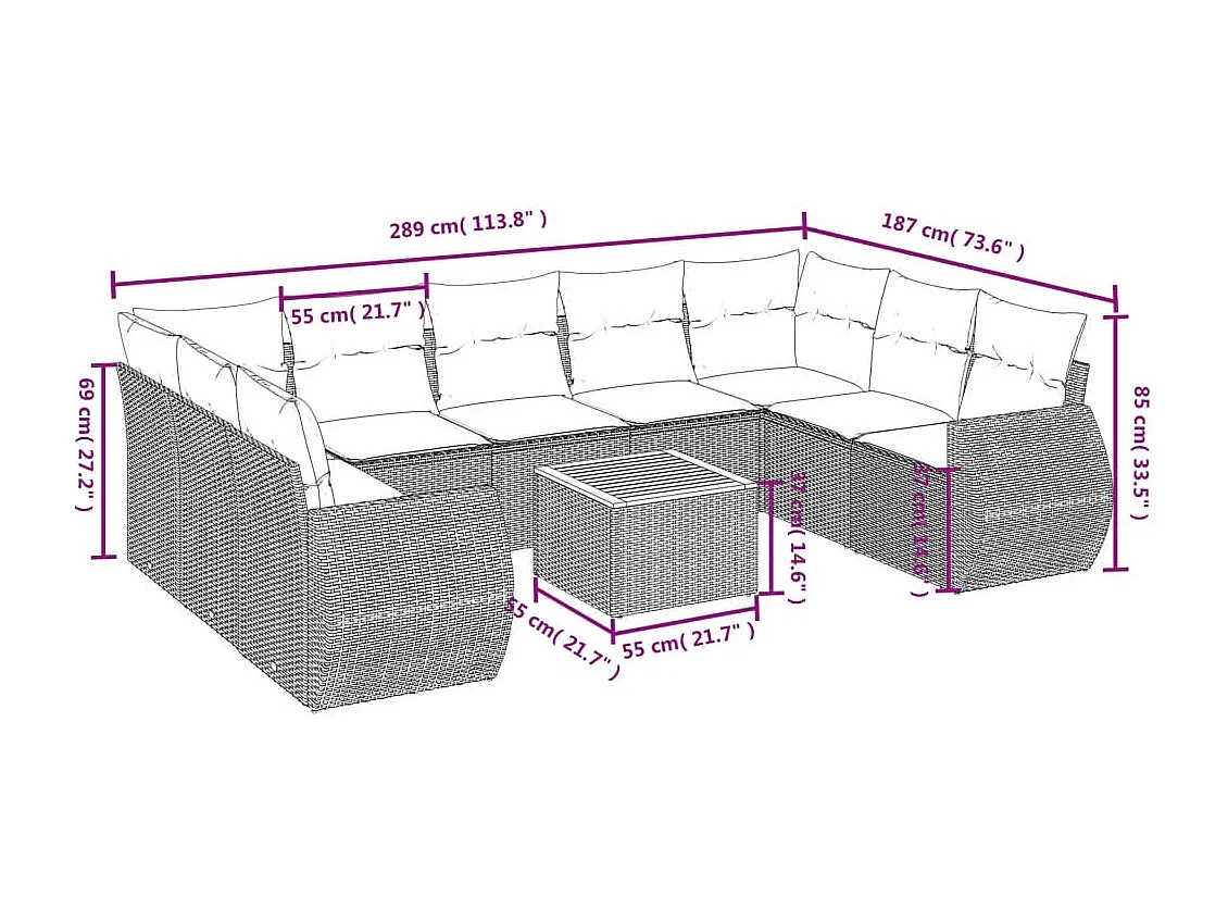 10-tlg. Garten-Sofagarnitur mit Kissen Schwarz Poly Rattan