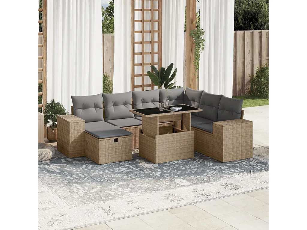 Salon de jardin avec coussins 8 pcs beige résine tressée