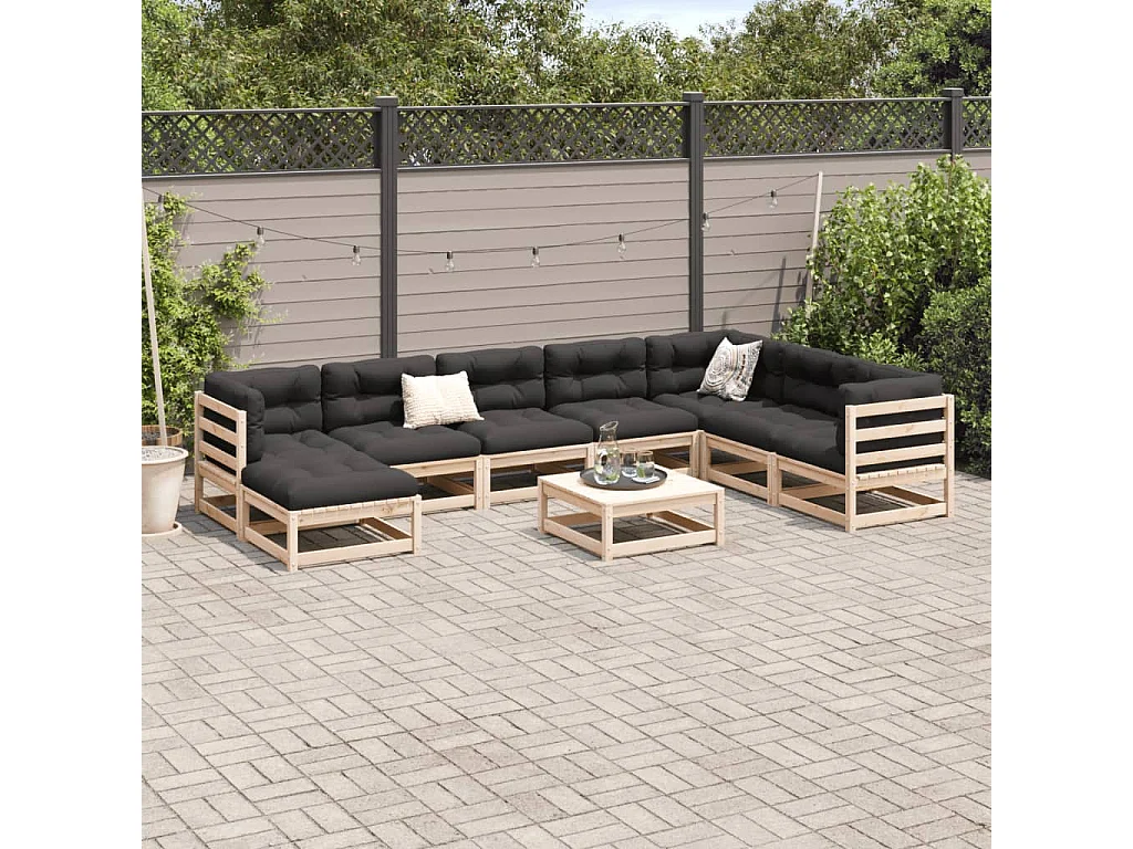 Salon de jardin 9 pcs avec coussins bois de pin massif