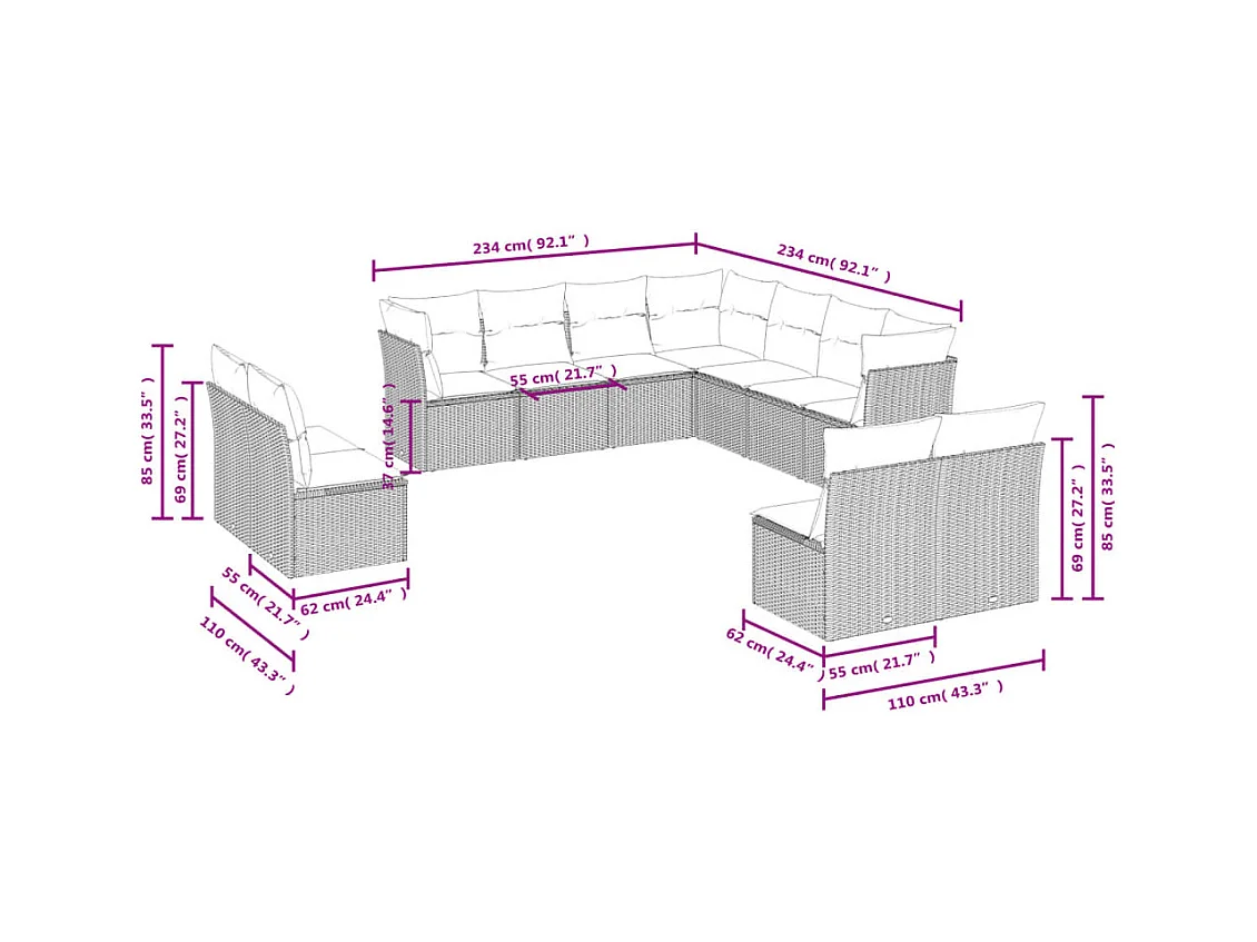 11-tlg. Garten-Sofagarnitur mit Kissen Beige Poly Rattan