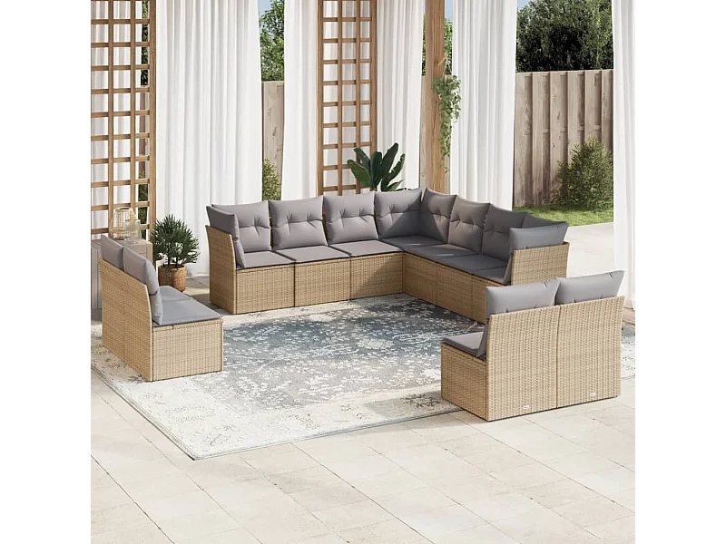 11 pcs conjunto sofás de jardim c/ almofadões vime PE bege