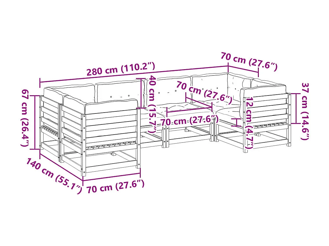 6 pcs conjunto de sofás de jardim c/ almofadões pinho maciço