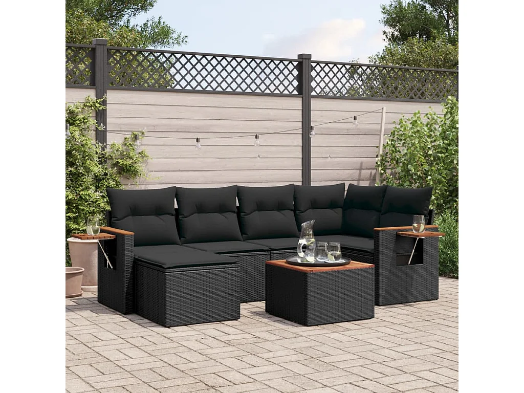 7 pcs conjunto de sofás p/ jardim c/ almofadões vime PE preto