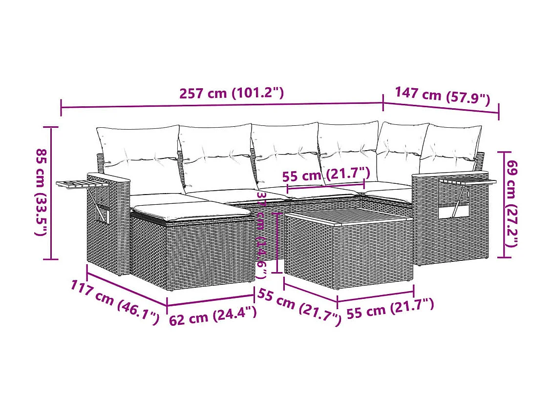 7 pcs conjunto de sofás p/ jardim c/ almofadões vime PE preto