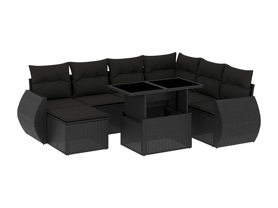 Salon de jardin 8 pcs avec coussins noir résine tressée