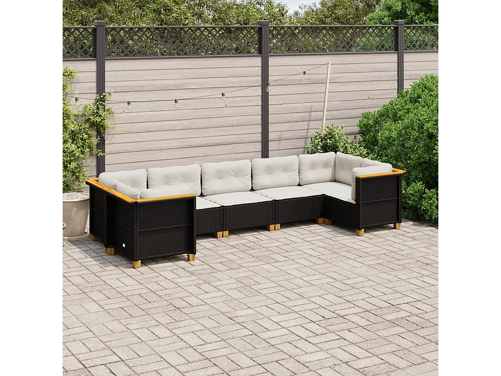 7-delige Loungeset met kussens poly rattan zwart