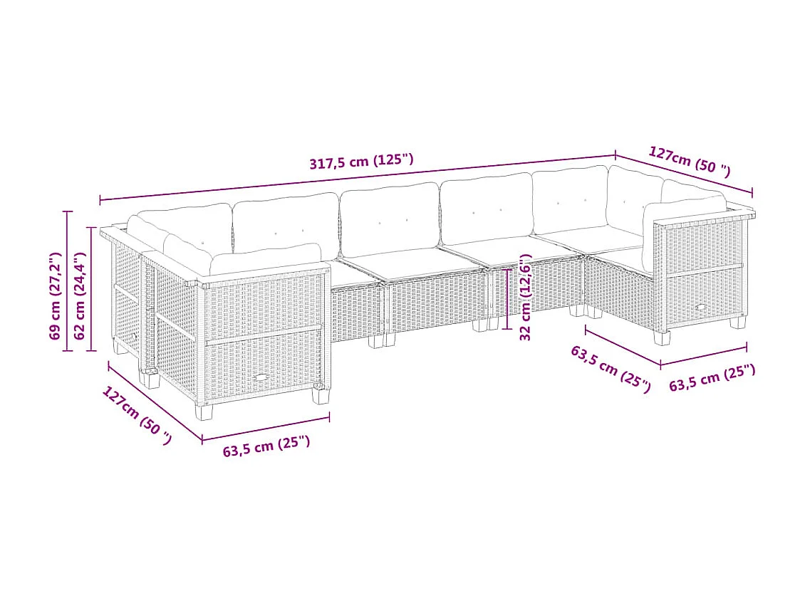 7-delige Loungeset met kussens poly rattan zwart