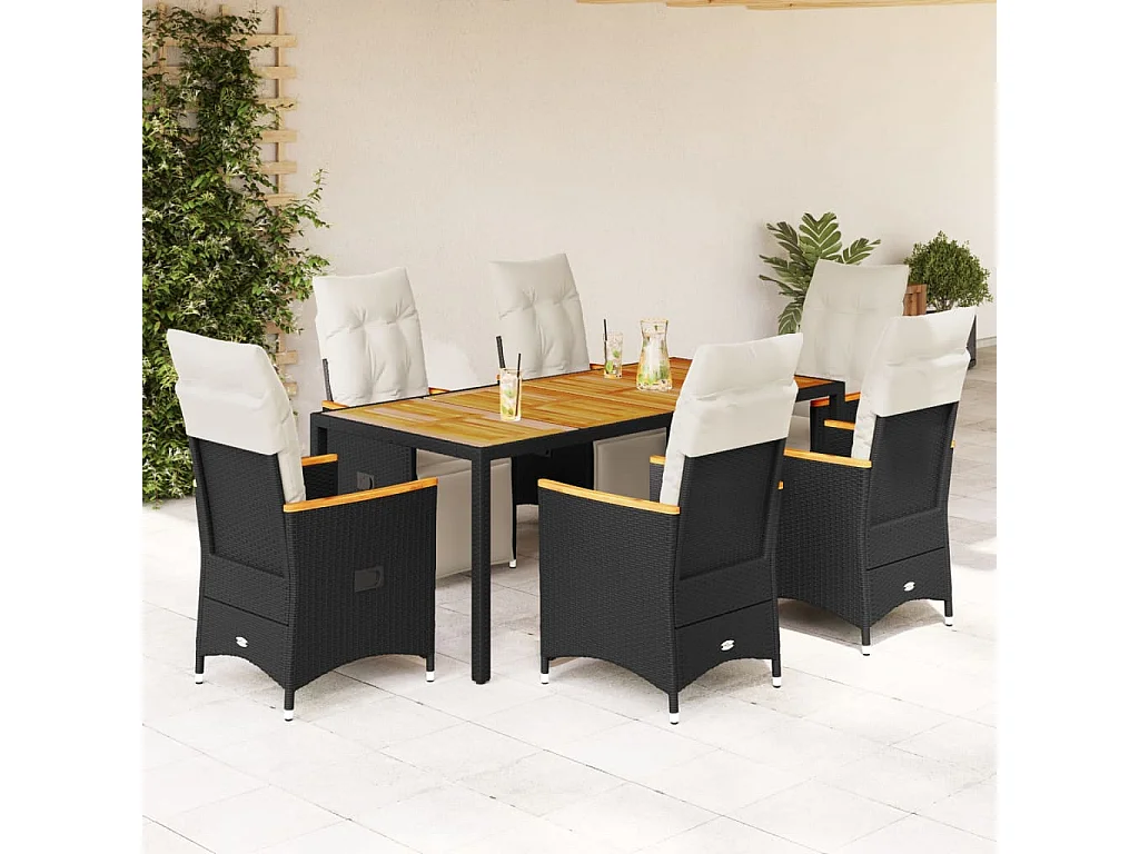 Set da Bistrò da Giardino 7 pz con Cuscini Nero in Polyrattan