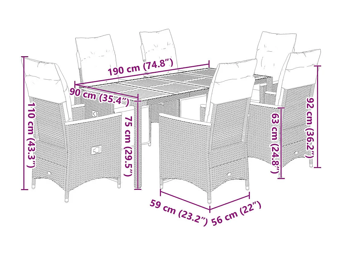 Set da Bistrò da Giardino 7 pz con Cuscini Nero in Polyrattan