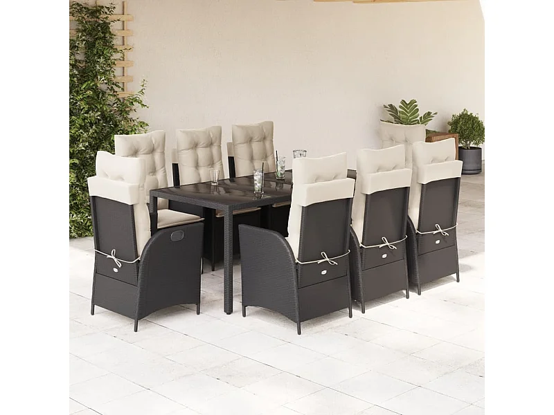 9 pcs conjunto de jantar p/ jardim c/ almofadões vime PE preto