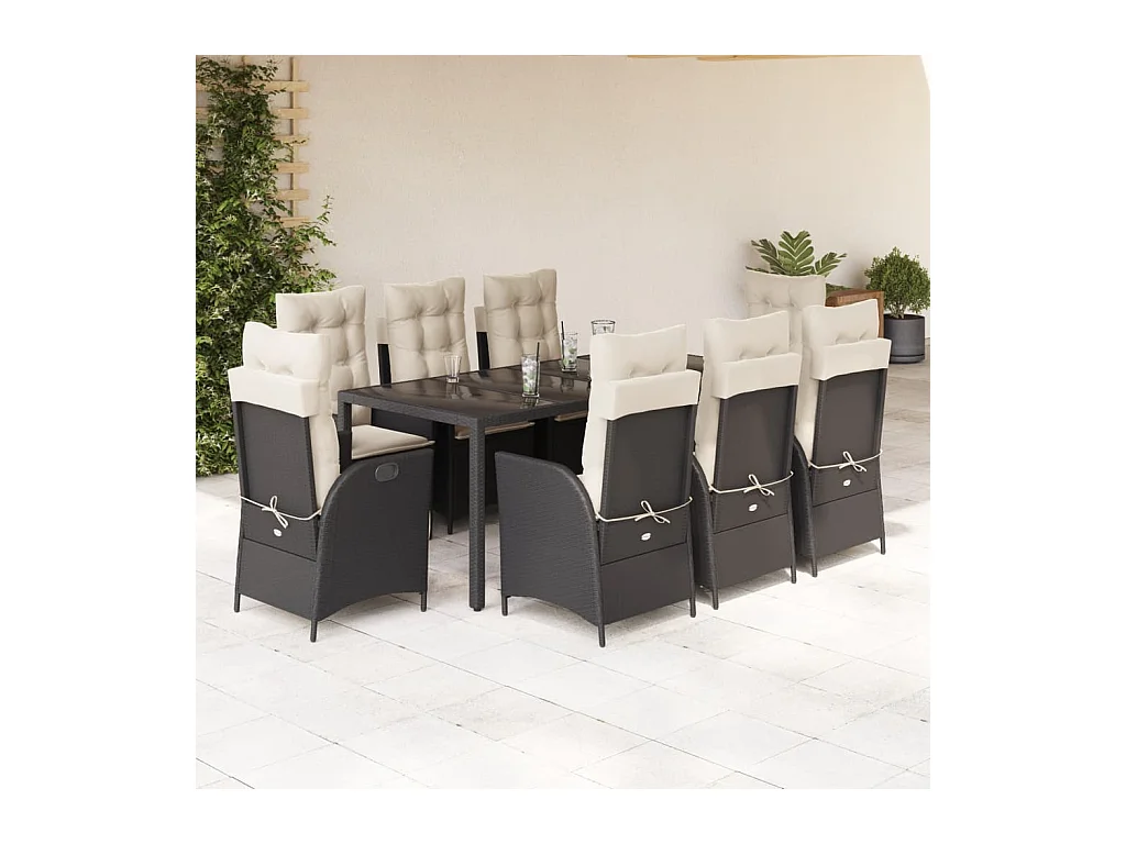 Ensemble à manger de jardin 9pcs coussins noir résine tressée