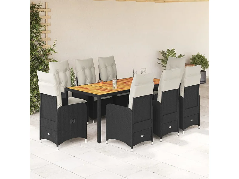 Ensemble de bistro de jardin 9 pcs coussins noir poly rotin