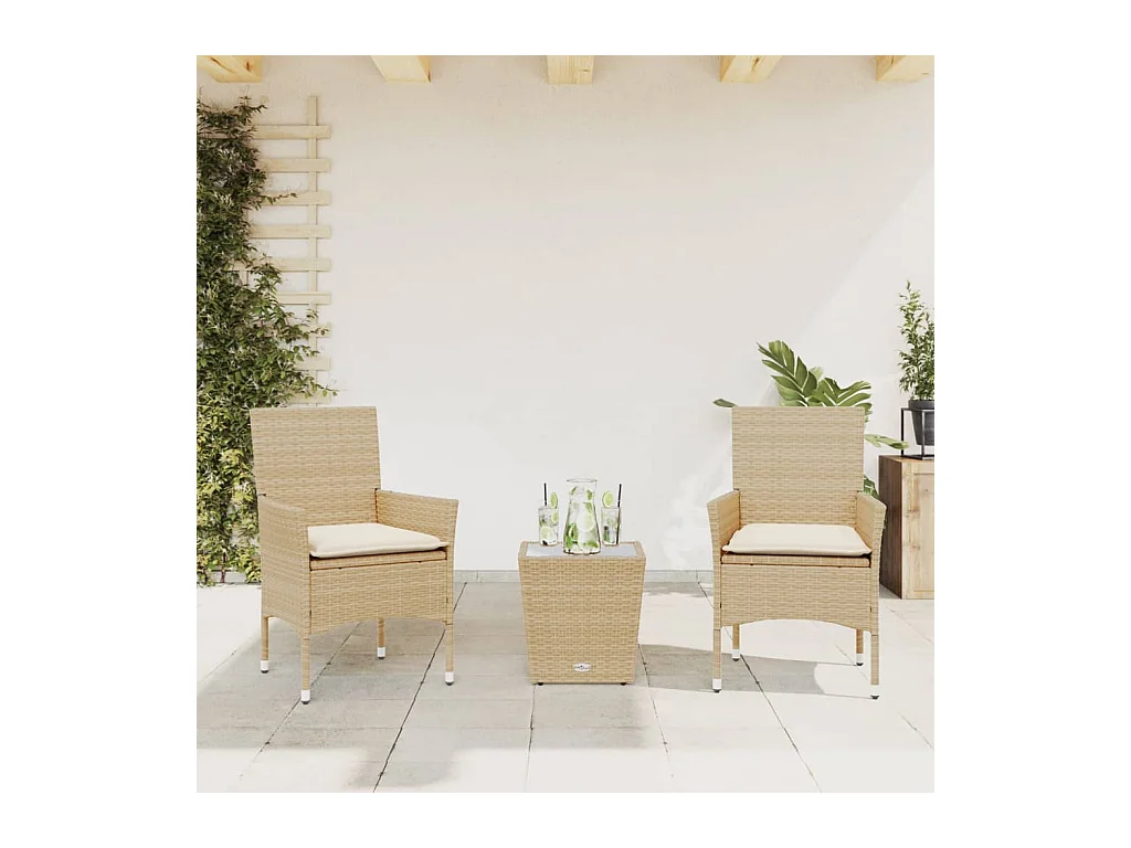 3-delige Bistroset met kussens poly rattan en glas beige