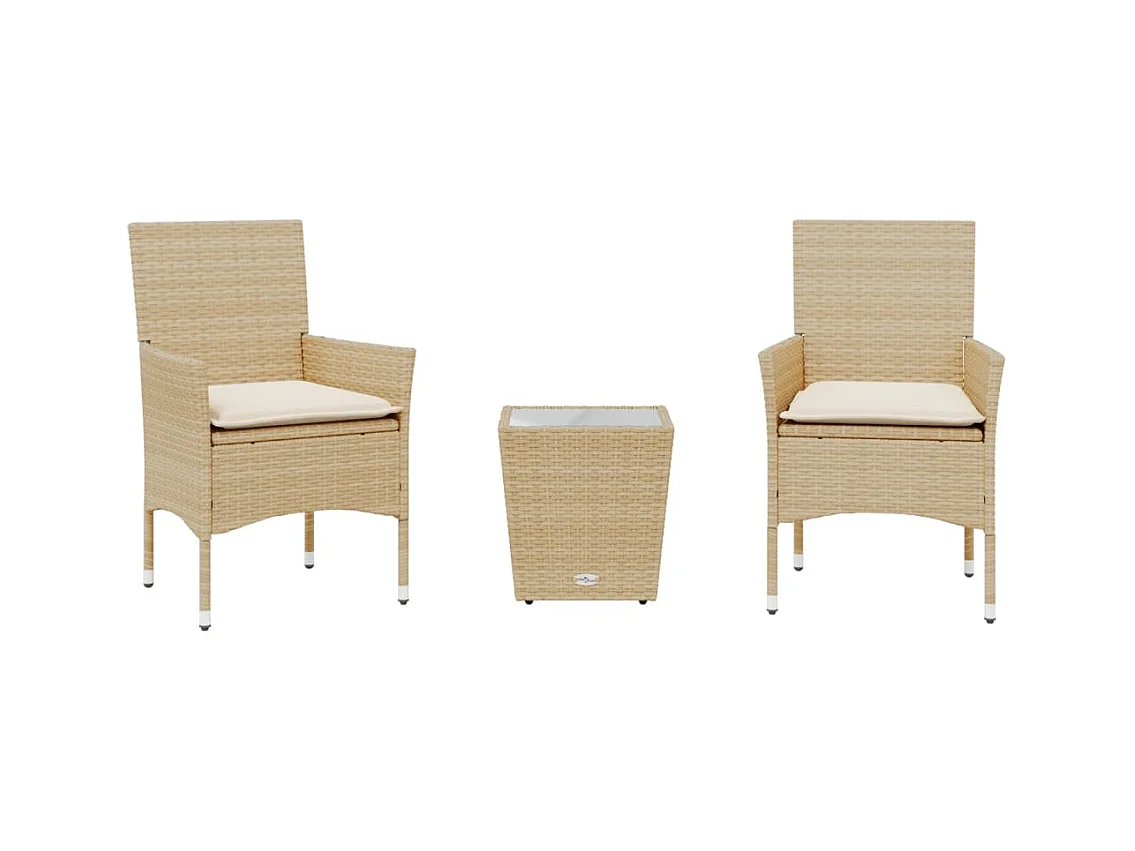 3-delige Bistroset met kussens poly rattan en glas beige