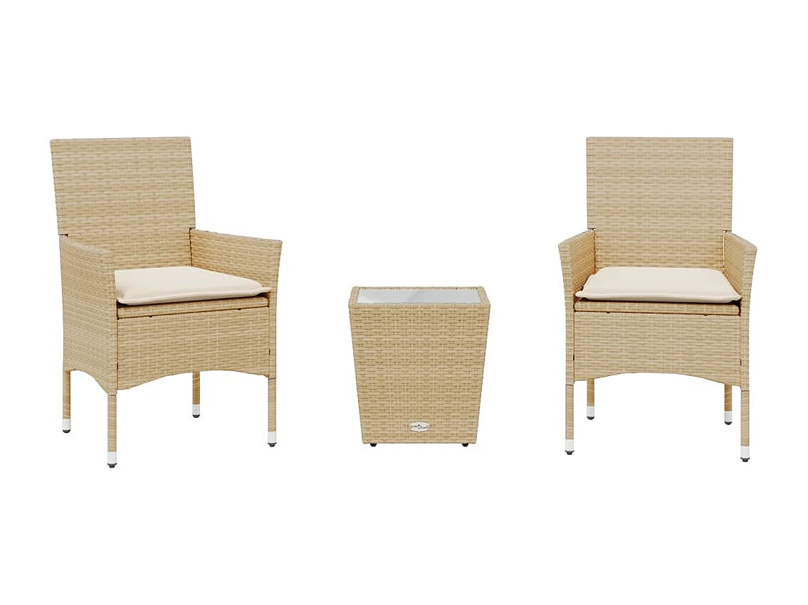 3-tlg. Bistro-Set mit Kissen Beige Poly Rattan und Glas