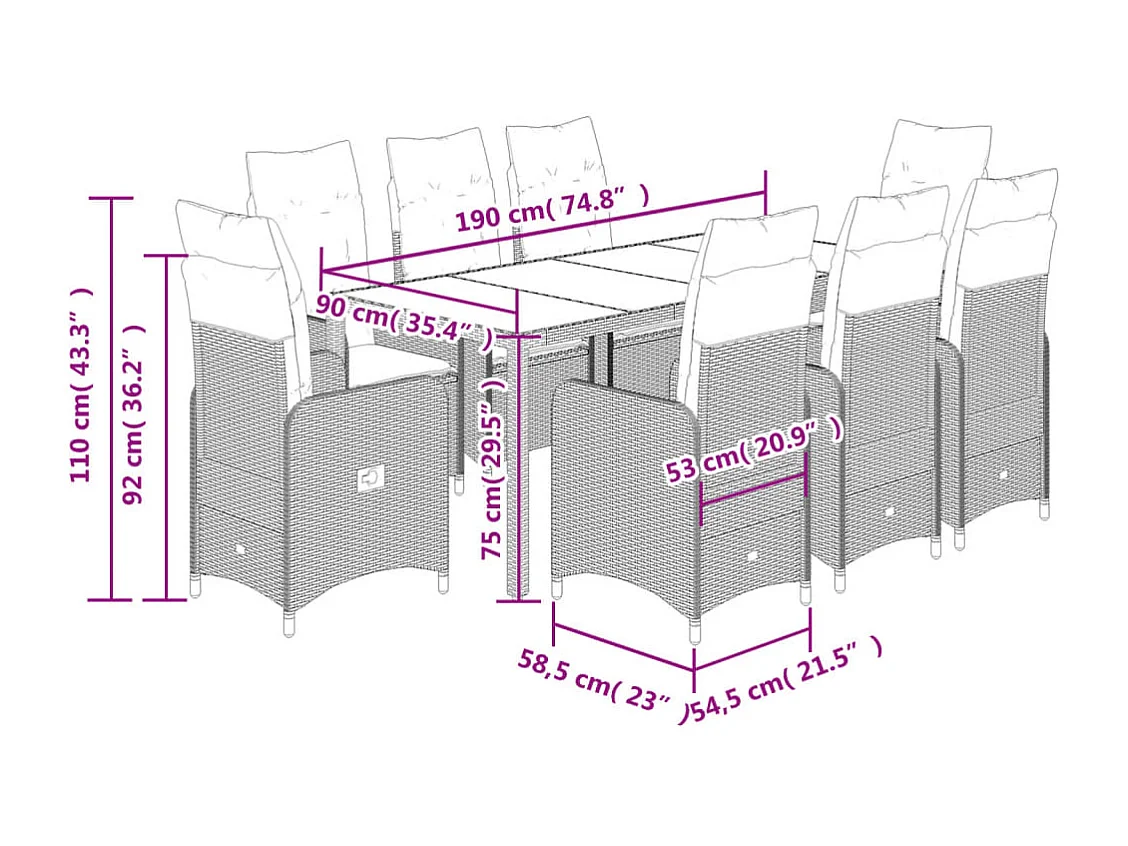 Set Bistrò da Giardino 9 pz con Cuscini in Polyrattan Nero