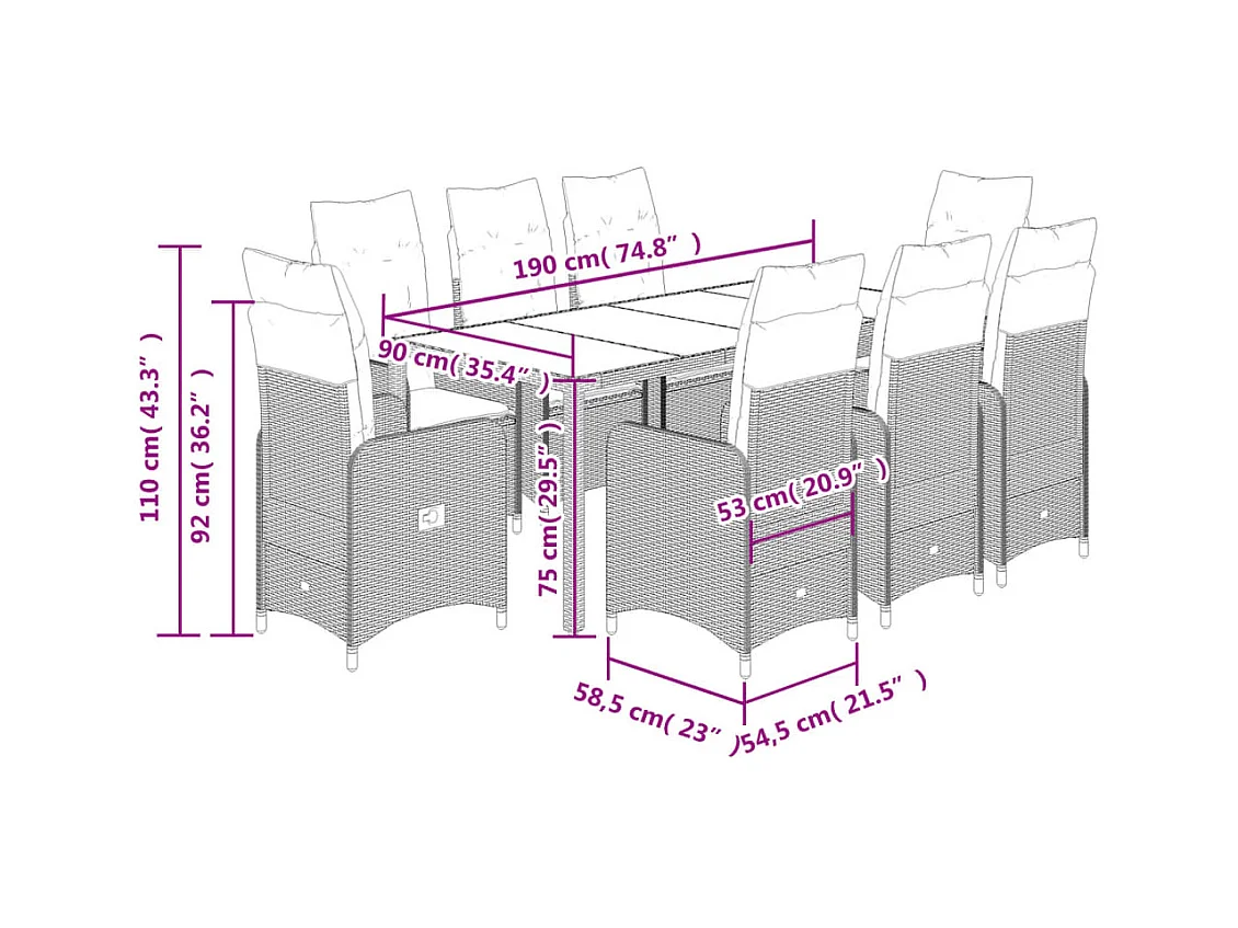 Set Bistrò da Giardino 9 pz con Cuscini in Polyrattan Nero