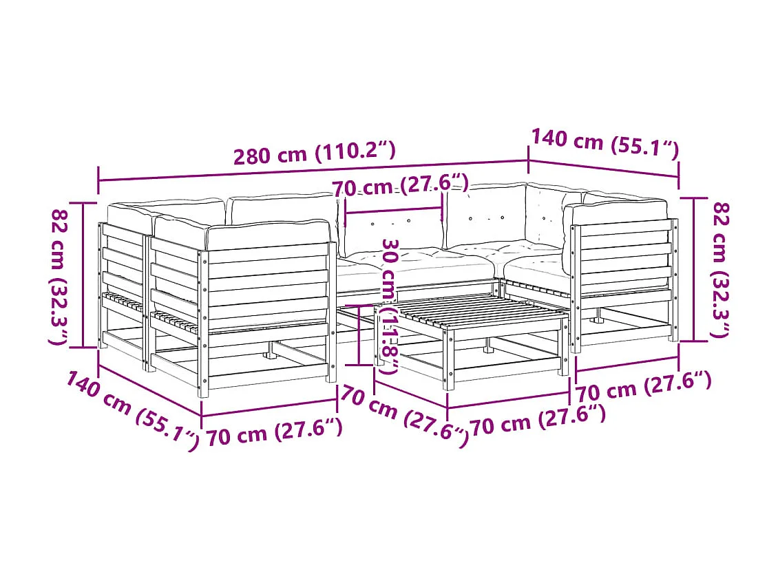 Set Divani da Giardino 7 pz con Cuscini Legno Massello di Pino