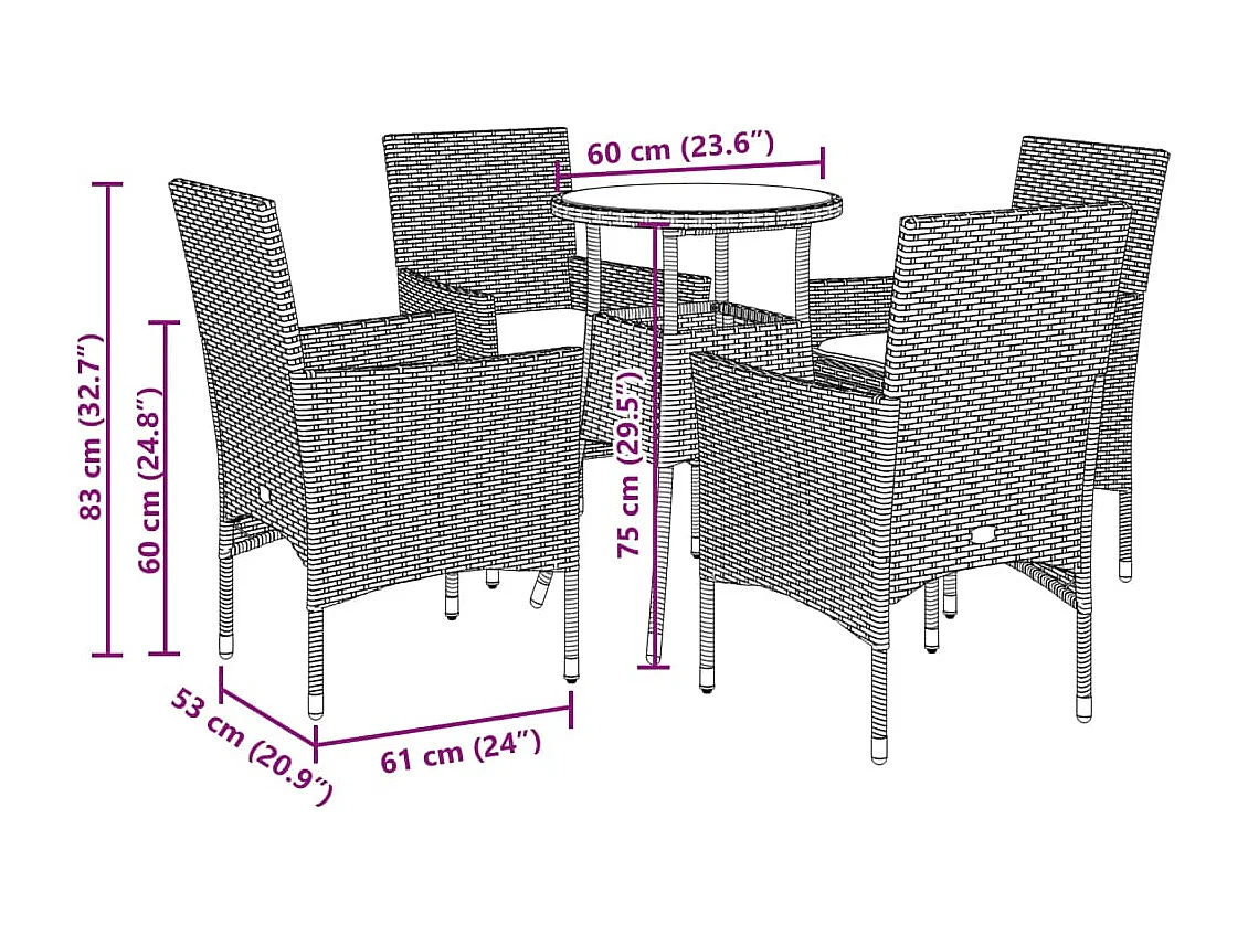 5-delige Tuinset met kussens poly rattan en glas bruin