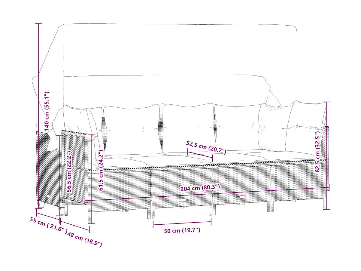5 pcs conjunto sofás de jardim com almofadões vime PE preto
