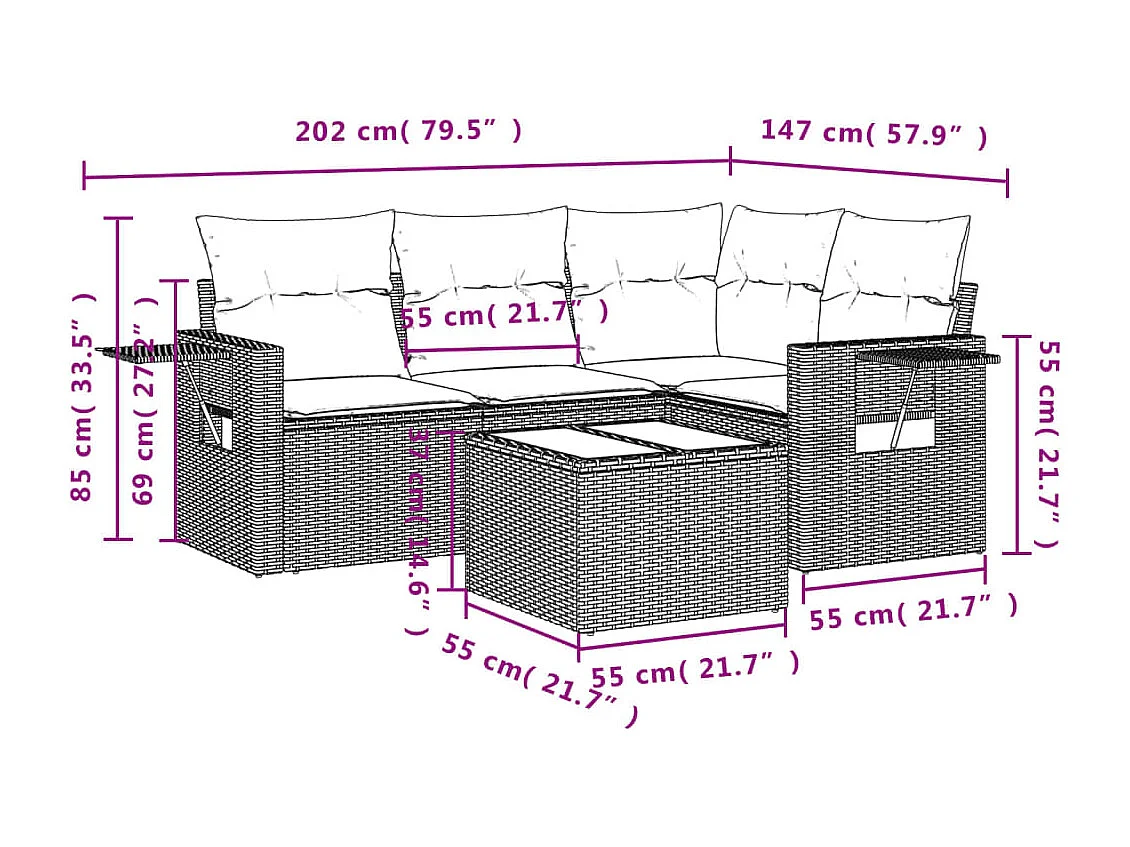 Salon de jardin 5 pcs avec coussins noir résine tressée