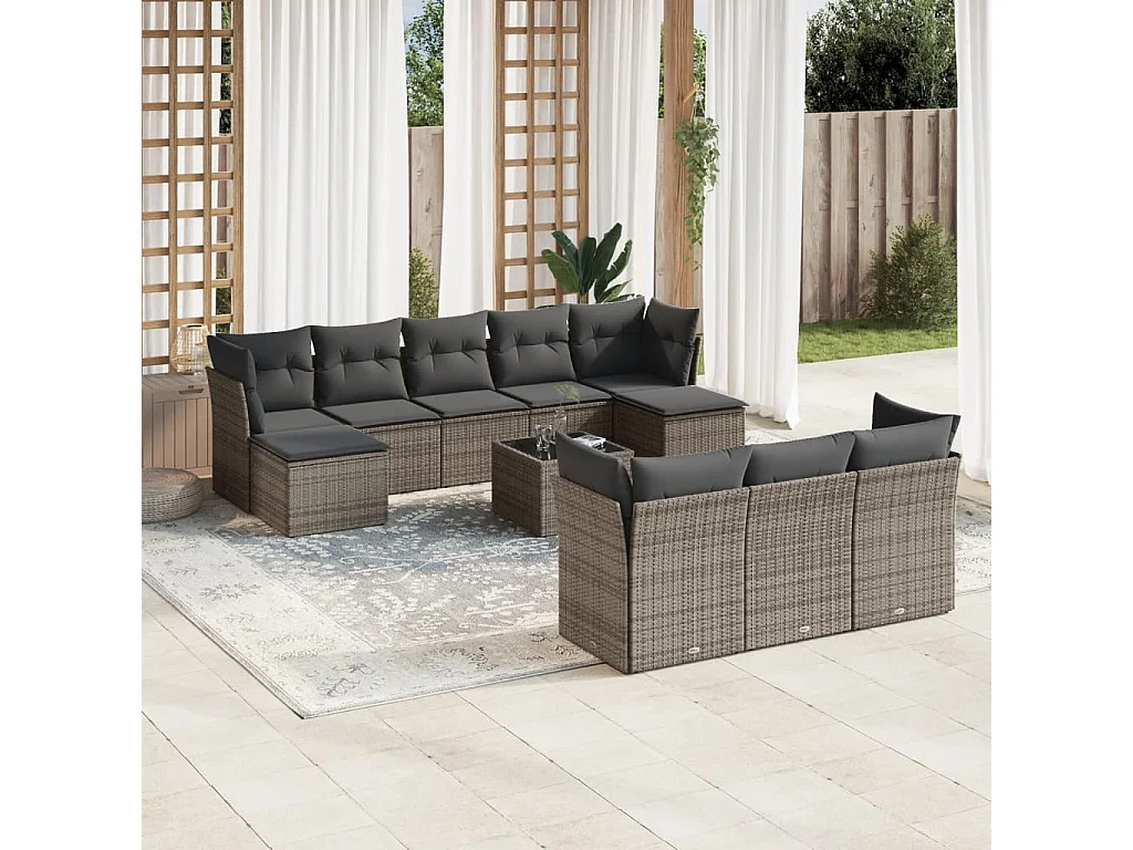 11-delige Loungeset met kussens poly rattan grijs